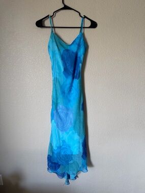 Y2K Blue Floral Mesh Slip Dress Satin Lined Midi High-Low Vintage Size 3